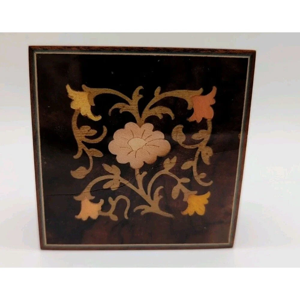 Vtg Italian Wood Inlay Ring Box Jewelry Sorrento Floral Burl